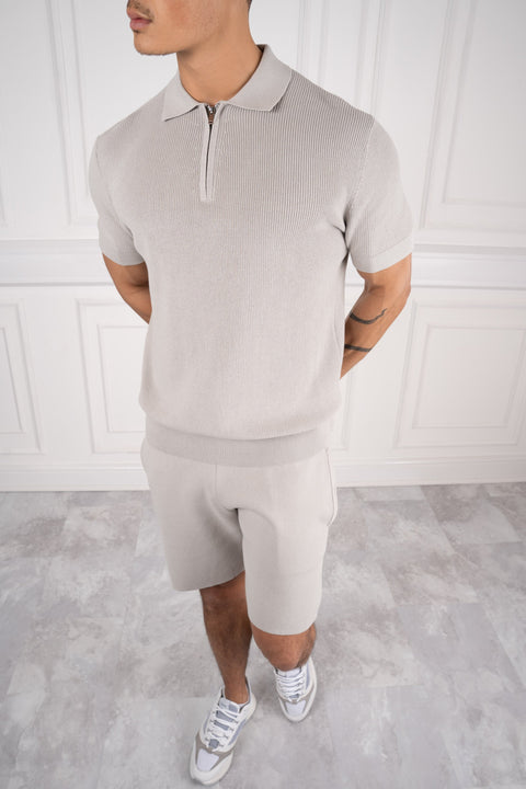 Premium Ribbed Knitted Polo Shirt - Grey