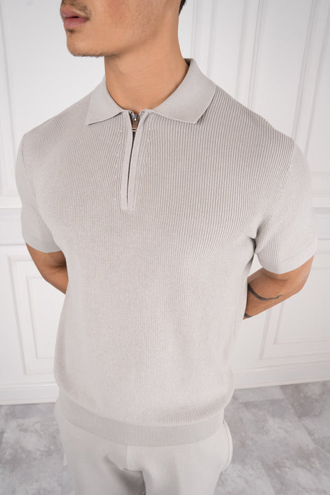 Premium Ribbed Knitted Polo Shirt - Grey