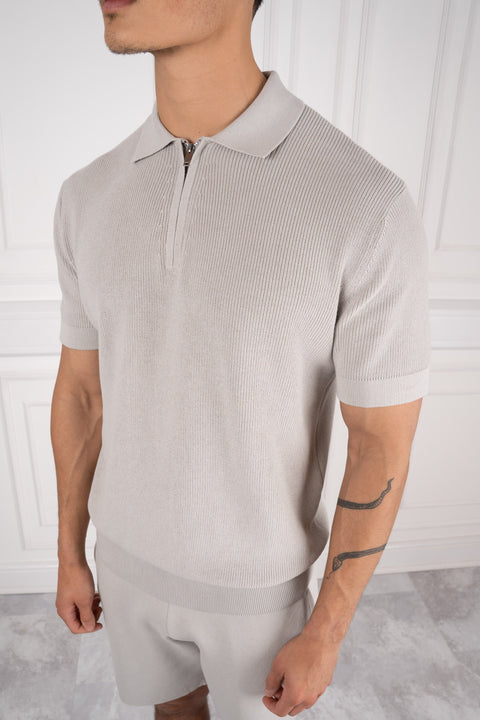 Premium Ribbed Knitted Polo Shirt - Grey